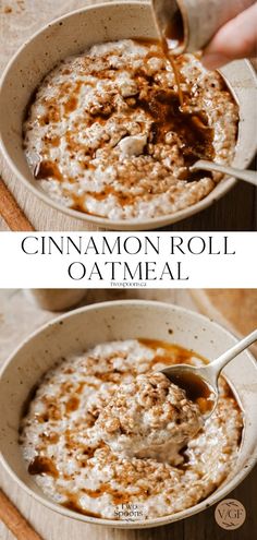 cinnamon roll oatmeal in a bowl with spoon