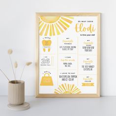 a yellow and white poster with the words, date and time on it next to a vase