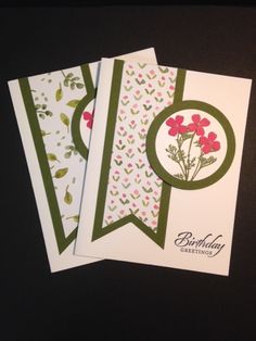 three greeting cards with flowers on them, one is green and the other is white