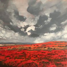 an oil painting of red flowers under a cloudy sky