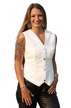 Long body white vest. This white leather vest is great for hot weather use. A classic white biker vest made of top grain cowhide leather with a soft nylon liner and two front pockets. Ideal for women that may be a little tired of all that black! A matching jacket and chaps are available as well. This white vest for women is also available in plus sizes. An exclusive Jamin Leather® quality brand. Sizes: XS, S, M, L, XL, 2X, 3X, 4X, 5X, 6X, 7X, 8X, 9X. +$6 for 2X-3X, +$12 for 4X-5X, +$18 for 6X-7X Fitted White Classic Vest, Classic Fitted White Vest, Classic White Fitted Vest, Classic White Vest For Fall, Classic Fitted Vest For Biker Events, Vest For Women, Biker Vest, White Vest, Leather Travel Bag