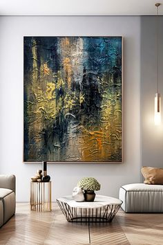 Abstract gold and blue textured original painting with rich layers and dynamic brushstrokes on large horizontal canvas Gold Landscape, Sophisticated Home Decor, Artwork Collection, Texture Canvas, Luxury Room, Gold Painting, Blue Wall Decor, Custom Wall Decor