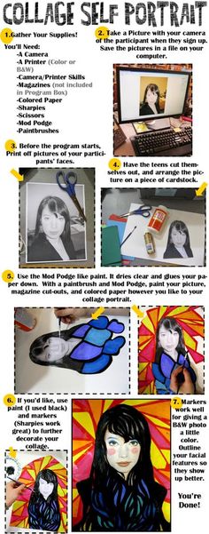 an advertisement for the college self portrait contest, with pictures of students and their artwork