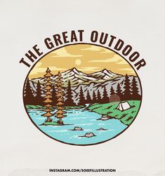 the great outdoors logo with trees and mountains in the background, on a white paper