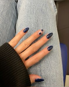 almond | short length | navy blue | stars | y2k acrylic nails | 2024 Navy Nails, Navy Blue Nails, Basic Nails, Dope Nails, Short Acrylic Nails, Cute Acrylic Nails