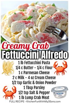 an advertisement for creamy crab fettuccini alfredo