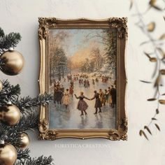 a painting hanging on the wall next to a christmas tree