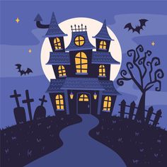 a spooky halloween house with bats and tombstones in front of the moon