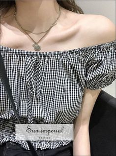 Women Solid White Short Sleeve off the Shoulder Shirred Blouse with Bow detail top boho style Casual Summer Tops With Grid Pattern, Summer Casual Tops With Grid Pattern, Casual Grid Pattern Tops For Summer, Casual Houndstooth Top For Summer, Casual Houndstooth Tops For Spring, Summer Casual Houndstooth Top, Casual Houndstooth Summer Top, Summer Cotton Houndstooth Pattern Tops, Fitted Cotton Off-shoulder Top With Short Sleeves