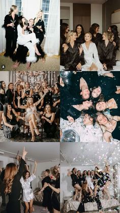 the collage shows many different pictures of people in black and white outfits, one is holding