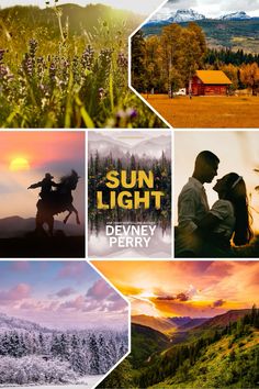 a collage of photos with the words sun light above them and mountains in the background