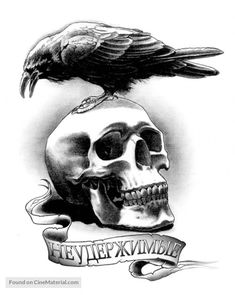 a skull with a crow sitting on top of it