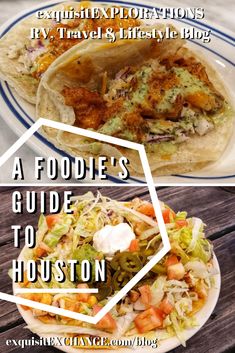 two plates with different types of food on them and the words, fajita's guide to houston