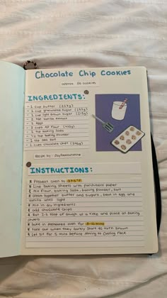 an open recipe book with instructions for chocolate chip cookies