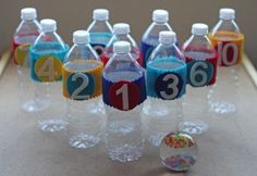 there are many water bottles with numbers on them