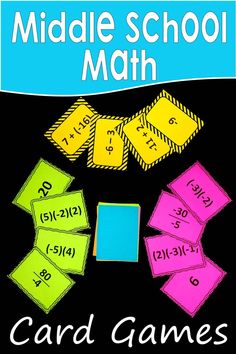 the middle school math card game is in front of a black background with yellow and pink numbers