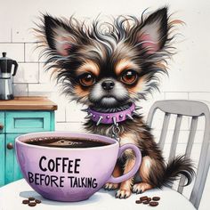 a painting of a dog sitting at a table with a cup of coffee