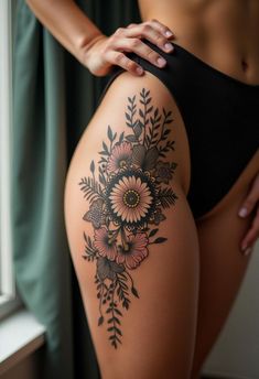 thigh tattoo Around The Knee Tattoos, Knee Tattoos, Thigh Tattoo Designs, Thigh Tattoos, Just Ink, Spiritual Tattoos, Sternum Tattoo, Tattoo Bracelet, Knee Tattoo