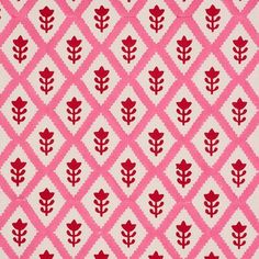 a pink and white pattern with red flowers on it's side, in the middle of