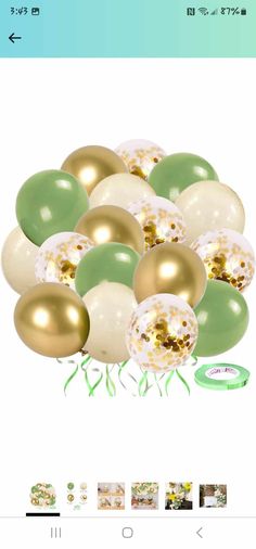 balloons and confetti are arranged in the shape of gold, green and white