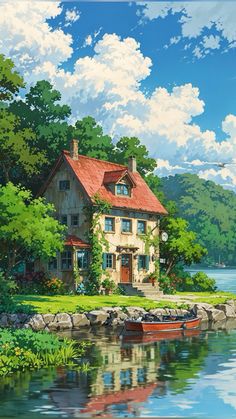 a painting of a house by the water with a boat in front and trees around it