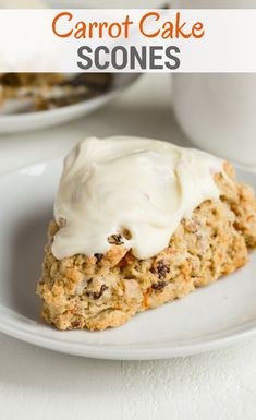 a white plate topped with scones covered in frosting