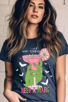 EVEN WITCHES NEEDS A MARGARITA,HALLOWEEN UNISEX SHORT SLEEVE,GRAPHIC TEE,GRAPHIC TSHIRTS,TSHIRTS,TEES100%COTTON,HEATHER(52%COTTON,48%POLY),ATH.HEATHER,BLACK HEATHER(90%COTTON,573%POLY)NICARAGUAMade In: Nicaragua Casual Green Halloween Top, Green Crew Neck Top For Night Out, Fitted Fun Halloween Tops, Fun Fitted Halloween Tops, Fun Fitted Tops For Halloween, Margarita Graphic, Green Ash, Spring Green, Heather Black