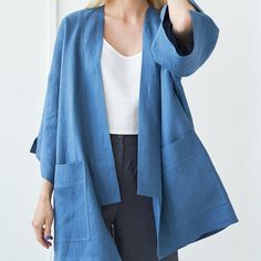 Oversized Blue Cardigan With Pockets, Relaxed Fit Open Front Cardigan With Pockets, Open Front Cardigan With Pockets For Daywear, Oversized Open Front Cardigan With Pockets, Relaxed Fit Open Front Everyday Outerwear, Oversized Cotton Cardigan With Pockets, Linen Cardigan With Pockets For Layering, Casual Outerwear With Kimono Sleeves For Layering, Casual Outerwear With Kimono Sleeves And Pockets