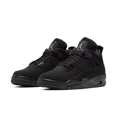 Drawing insipiration from MJ's nickname "the Black Cat", this revamp of the Nike Air Jordan 4 features a stealthy all-black look. Details include mesh underlays, signature wing eyelets and the Jumpman logo in Light Graphite. Black Cat 4s, Black Cat Breeds, Jordan Iv, Air Jordan Iv, Red Thunder, Jordan 4 Black, Basketball Shoes For Men, Nike Air Jordan 4, Dr Shoes