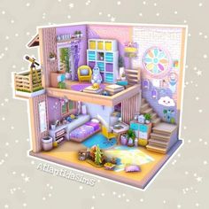 an image of a dollhouse with furniture and decorations on the front door, in pastel colors