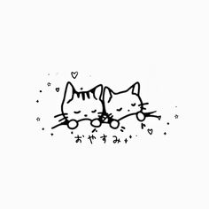 black and white drawing of two cats hugging each other's heads with hearts on them