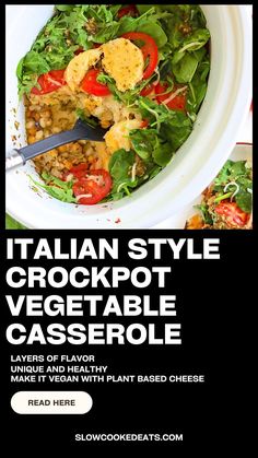 the italian style crockpot vegetable casserole is in a white bowl