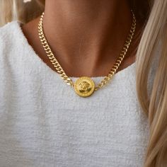 Reluxe Vintage Necklaces Versace Gold Choker Necklace Vintage Versace Jewelry, Dior Pearl Earrings, Versace Necklace, Necklace Outfit, Crystal Heart Earrings, Shark Tooth Necklace, Versace Gold, Versace Jewelry, 16 Inch Necklace