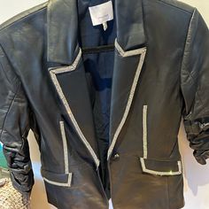 Like New. Size 4 Navy With Embellished Luxury Fitted Blue Leather Jacket, Blue Biker Jacket With Zipper Closure, Luxury Blue Leather Jacket With Zipper Closure, Double-breasted Leather Outerwear With Snap Buttons, Double-breasted Leather Outerwear With Button Closure, Cinq A Sept, Leather Jackets, Like New, Size 4