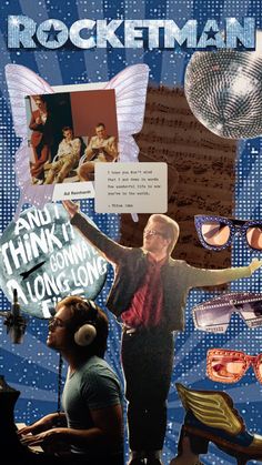 a collage of photos with people and musical instruments in the foreground, one man wearing headphones