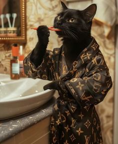 a black cat is brushing its teeth in the bathroom