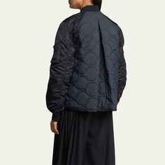 SACAI quilted jacket with nylon sleeves Stand-up collar; two-way zip closure Long sleeves; zip pockets Side pockets Side zip vents Inverted back pleat Relaxed fit Nylon/polyamide/cotton/polyester Nylon fill Dry clean Made in Japan Quilted Jacket, Zip Ups, Zip Pockets, Tops Designs, Relaxed Fit, Luxury Fashion, Long Sleeve