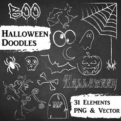 halloween doodles on a chalkboard with the words, 3 elements and an image of a