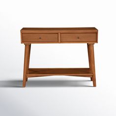 a small wooden table with two drawers on one side and an open drawer on the other