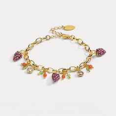 Fruit Bracelet is on sale on Selenichast jewelry store where sells lots of enamel jewelry and gold jewelry. This bracelet is a 18k gold chain with some fruit pendants that you can choose. Gold Enamel Bracelets With Charms, Gold Enamel Bracelet With Charms, Enamel Charms Bracelets For Gift, Elegant Fruit Design Dangle Jewelry, Elegant Dangle Jewelry With Fruit Design, Gold Plated Jeweled Bracelets For Gifts, Gold Plated Jeweled Bracelets As Gift, Gold Charm Bracelet With Jewels For Gift, Costume Jewelry Jeweled Bracelets For Gift