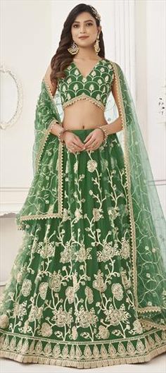 Green color Lehenga in Net fabric with Embroidered, Sequence, Thread work Green Floor-length Ceremony Set, Festive Green Ceremony Gown, Festive Green Lehenga For Ceremony, Green Embroidered Ceremony Sets, Festive Green Gown For Ceremony, Embroidered Sharara For Ceremonial Festivals, Embroidered Sharara For Ceremony And Festivals, Green Resham Embroidery Ceremony Set, Embroidered Sharara For Ceremonies And Festivals