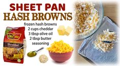 an advertisement for cheese pan hash browns on a table with ingredients to make it look like they have been cooked