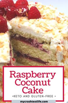 raspberry coconut cake on a plate with the words raspberry coconut cake