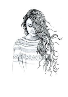 a drawing of a woman with long hair and a sweater on, looking down at her head