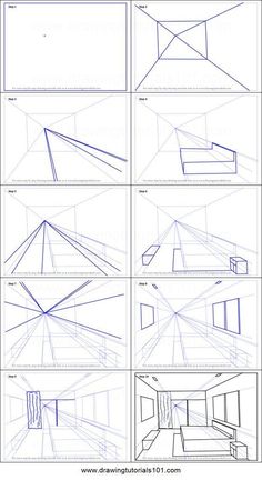 how to draw a room in perspective with different angles and lines on the walls,