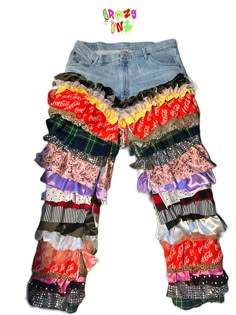 - made to order - custom  jeans ruffles with fabric & tulle  a little baggy mom jeans look im wearing a size xl Sewing Baggy Pants, Mom Jeans Look, Ruffle Jeans, Baggy Mom Jeans, Custom Pants, Diy Fashion Projects, Denim Pants Fashion, Festival Outfits Rave, Diy Clothes And Shoes