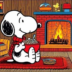 a cartoon snoopy eating cereal in front of a fire place with his feet on the floor