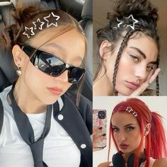 #hairstyles #y2k #aesthetic Star Pin Hairstyles, Hair Accessories Y2k, Hair With Star Clips, Hairstyles With Accessory, Hair Styles With Star Clips, Star Barrette Hairstyles, Star Clips Hairstyles Y2k, Hairstyle With Barrette Clips, Silver Clips In Hair