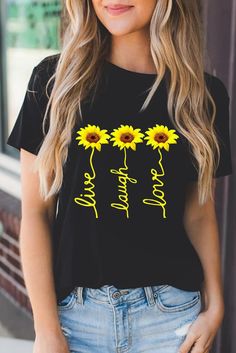 Live Laugh Love Sunflower Black T-shirt Black T-shirt With Sunflower Print For Spring, Spring Black T-shirt With Sunflower Print, Trendy Black Floral Print T-shirt, Black Floral Print Crew Neck T-shirt, Top Graphic Tees, Crochet Trim, Live Laugh Love, T Shirt Women, Boho Floral