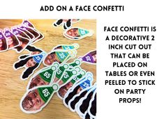 some stickers with the words face confetti on them, and an image of people's faces